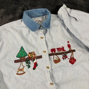 Solutions Original Shirt Women's‎ Medium Blue White Striped Button Up Christmas